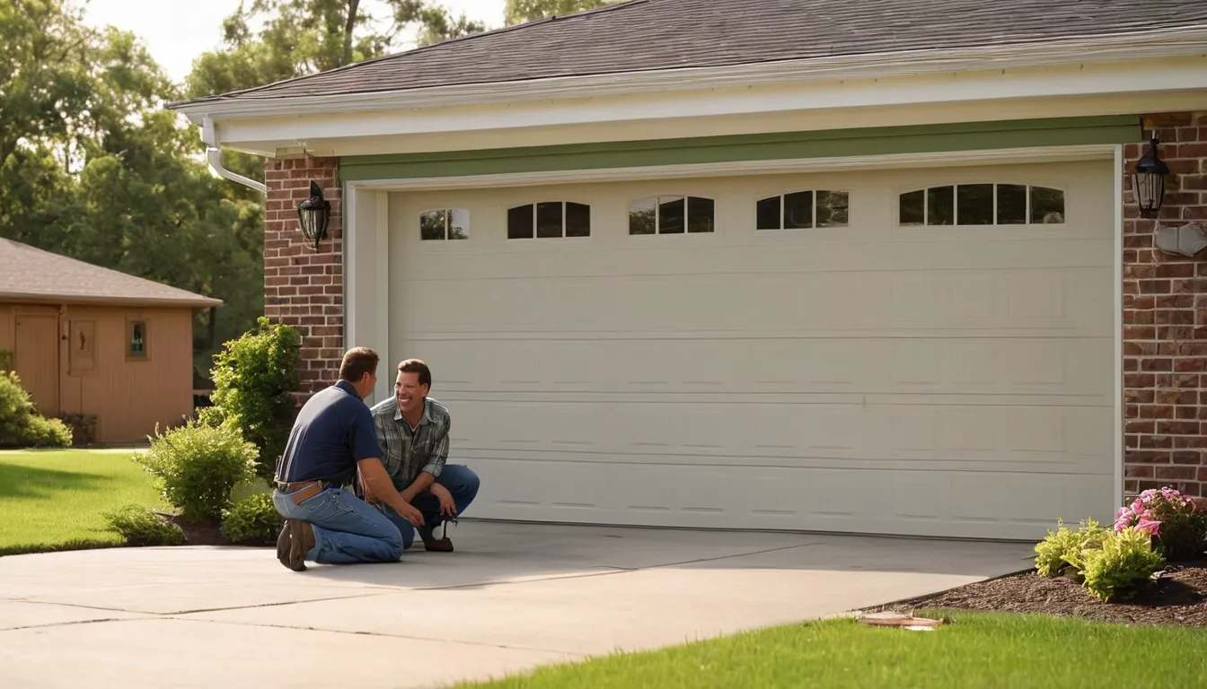 A local garage door provider checking the springs and track on a residential garage door in Rockwall