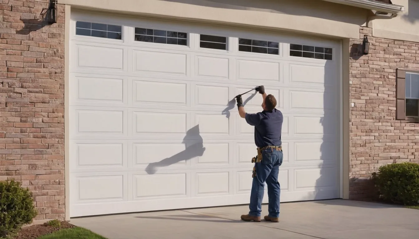 Friendly garage door provider inspecting a torsion spring above a residential garage door in Rockwall